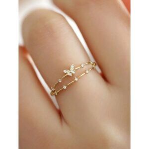 Cubic Zirconia Butterfly Double Layer Ring Gold Adjustable Dainty Feminine Open
